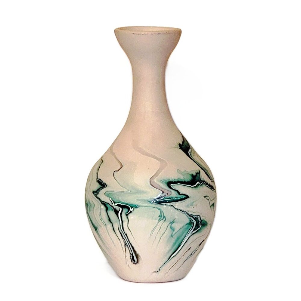 XL Mid Century Nemadji Ceramic Pottery Vase in Native Bisque Clay & Teal Green - Picture 3 of 7